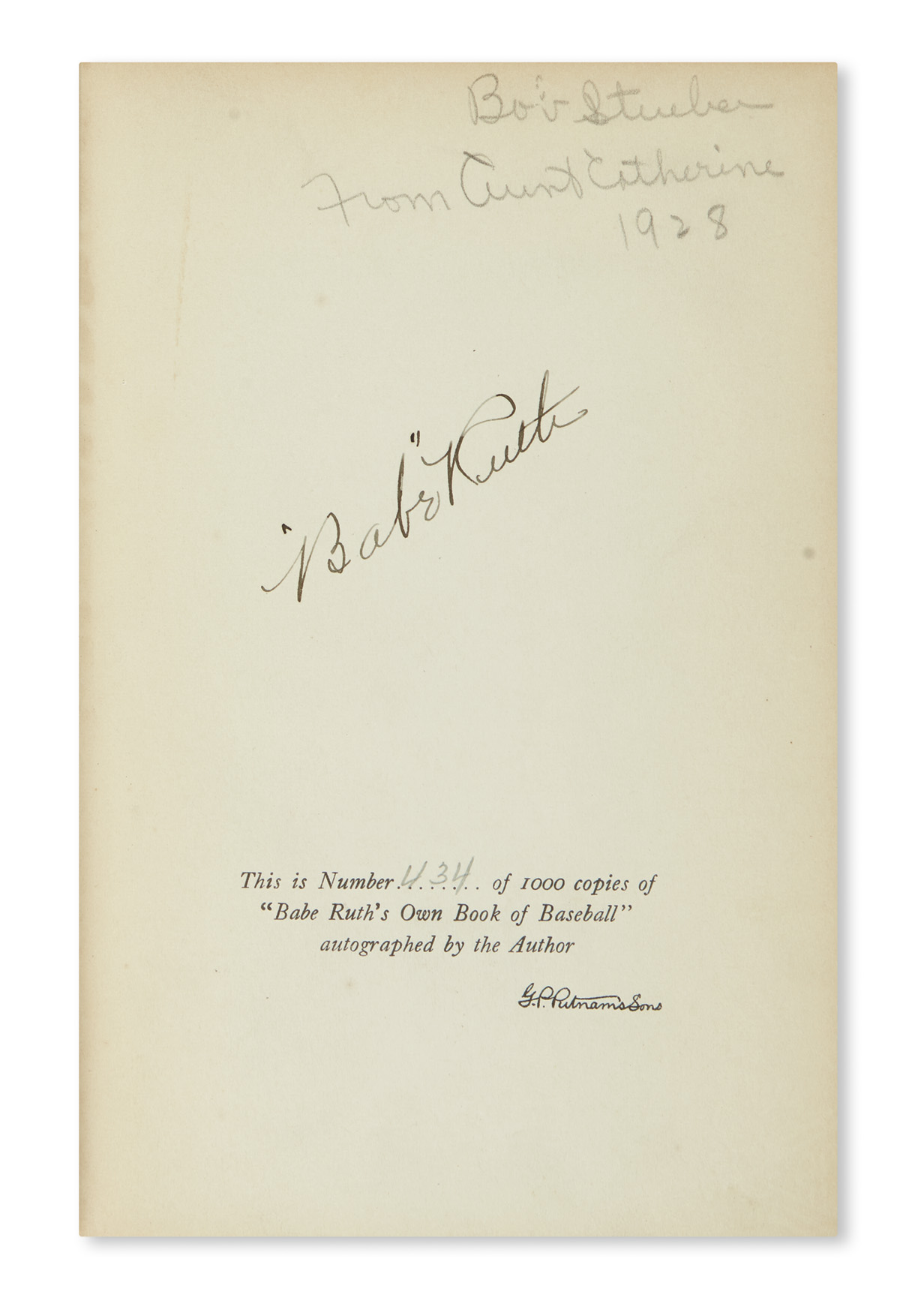 RUTH, BABE. Babe Ruths Own Book of Baseball. Signed, on the limitation page.